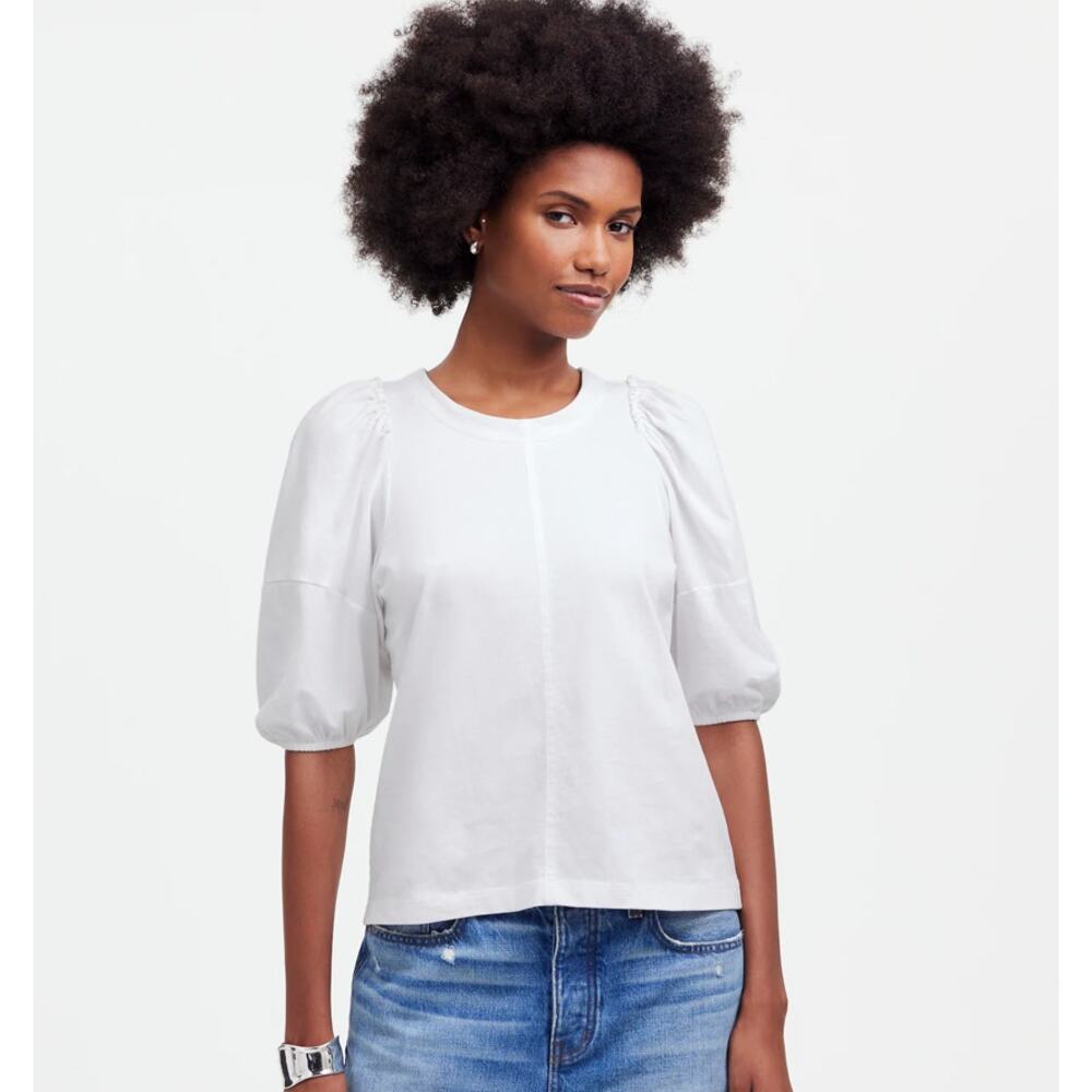 Madewell Puff-Sleeve Tee Womens S White Crew Neck Cotton Relaxed Fit Ruffle Trim